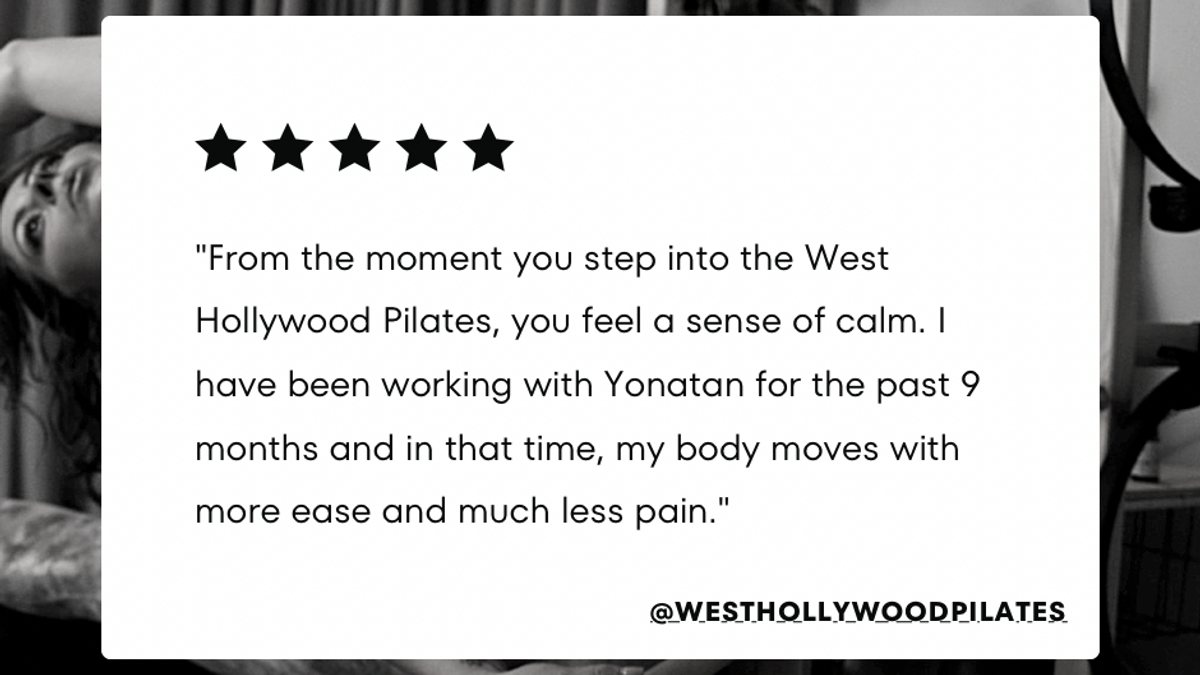 A quote from a happy client about the serene and inviting Pilates studio in West Hollywood with state-of-the-art reformer equipment, ready for a one-on-one session.