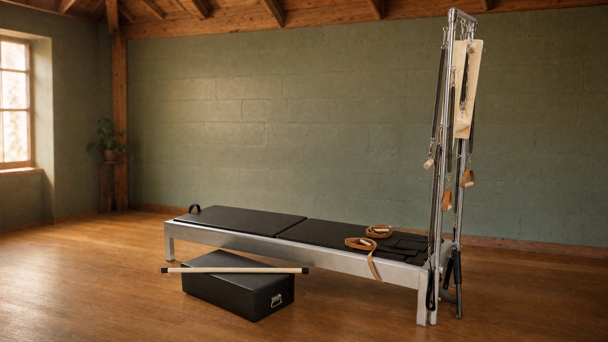 An authentic classical Contrology Pilates reformer with vertical tower, long box, and dowel in a warm West Hollywood studio